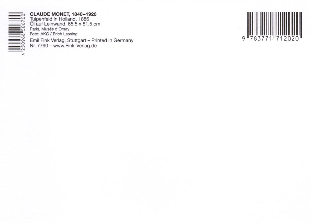 Kunstkarte Claude Monet "Tulpenfeld in Holland" (Rückseite)