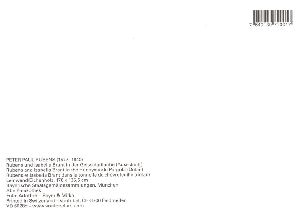 Kunstkarte Peter Paul Rubens "Rubens und Isabella Brant in der Geisblattlaube" (Rückseite)