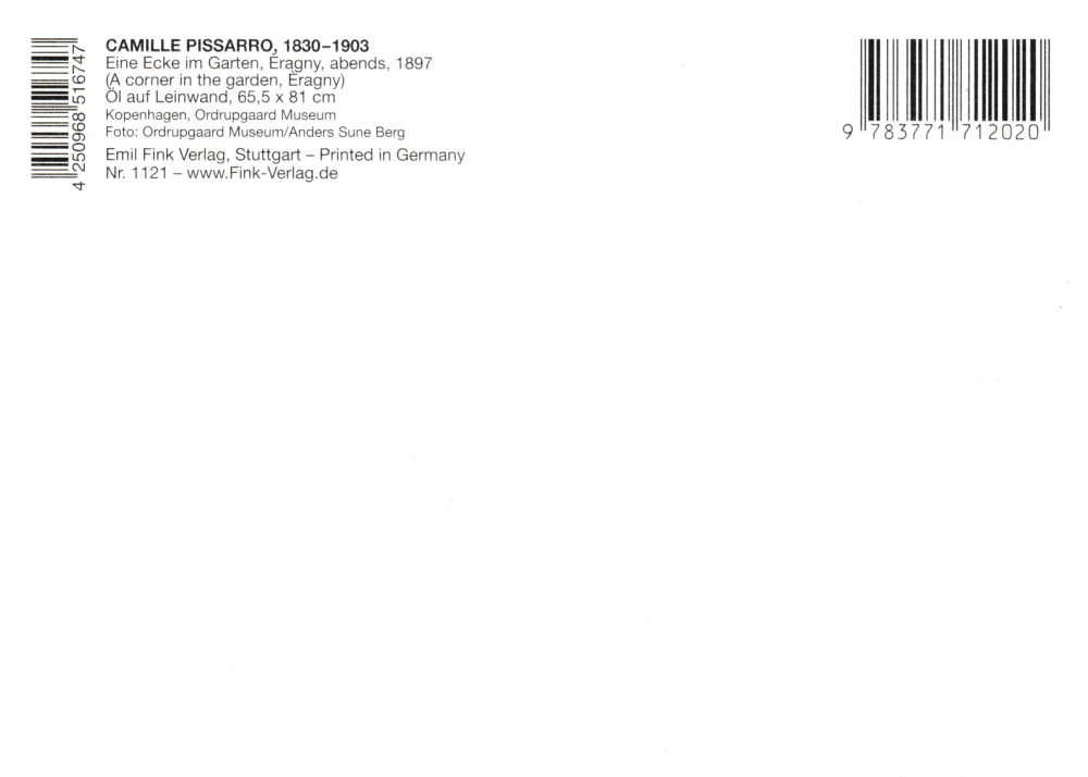 Kunstkarte Camille Pissarro "Eine Ecke im Garten, Eragny, abends" (Rückseite)