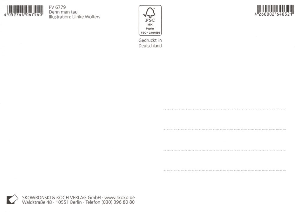 Postkarte "Moin! * Moin! * Löppt? * Muss. * Denn man tau." (Rückseite)