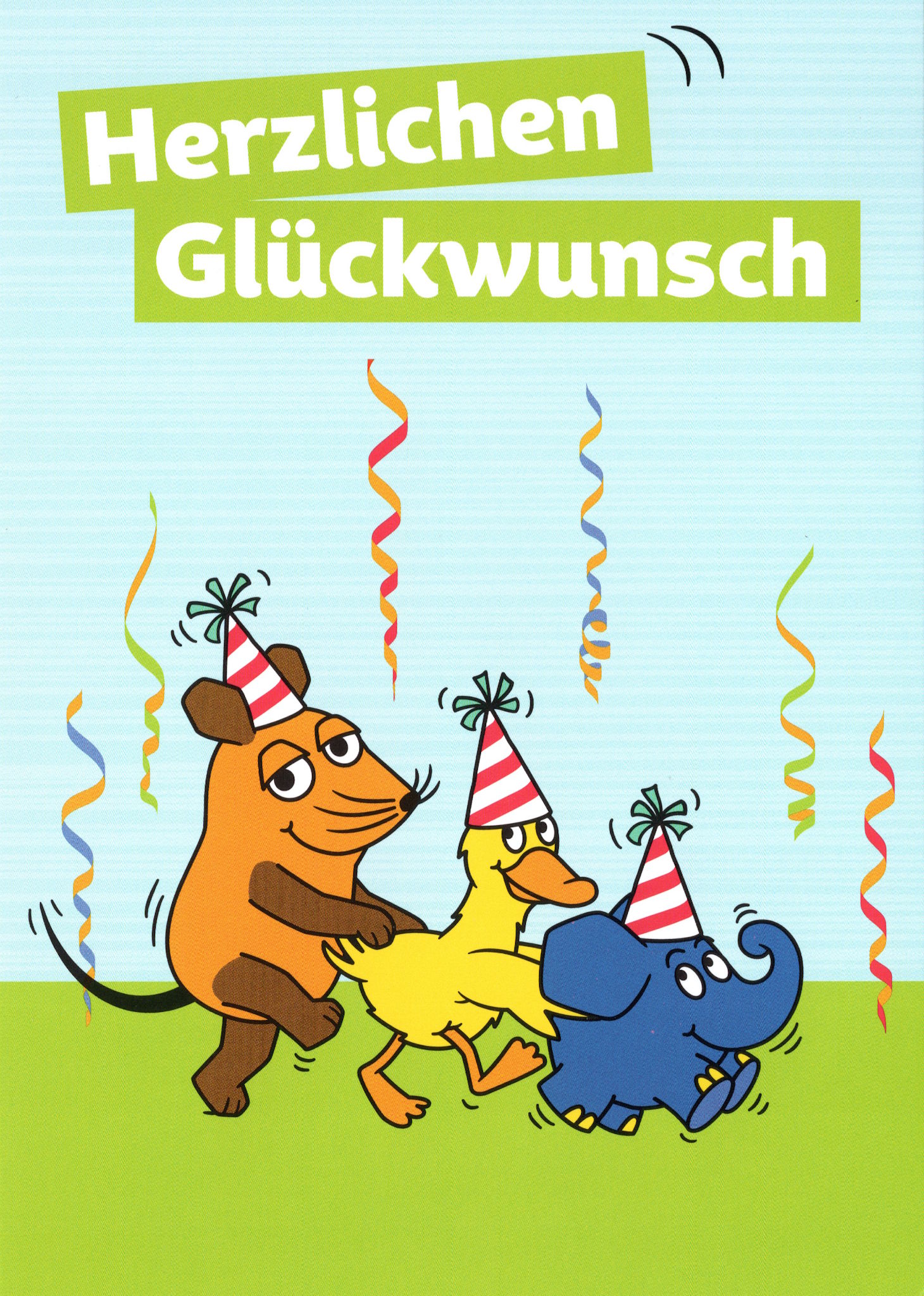 Postkarte "Sendung mit der Maus: Herzlichen Glückwunsch (Polonaise mit der Maus)" Postkarte "Sendung mit der Maus: Herzlichen Glückwunsch (Polonaise mit der Maus)"