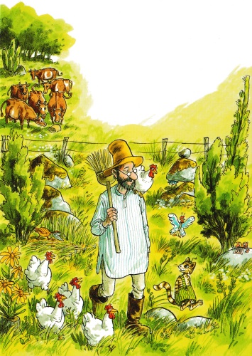 Postkarte "Pettersson und Findus: Huhn landet auf Pettersson"