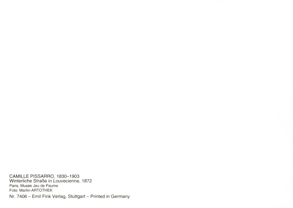 Kunstkarte Camille Pissarro "Winterliche Straße in Louvecienne" (Rückseite)