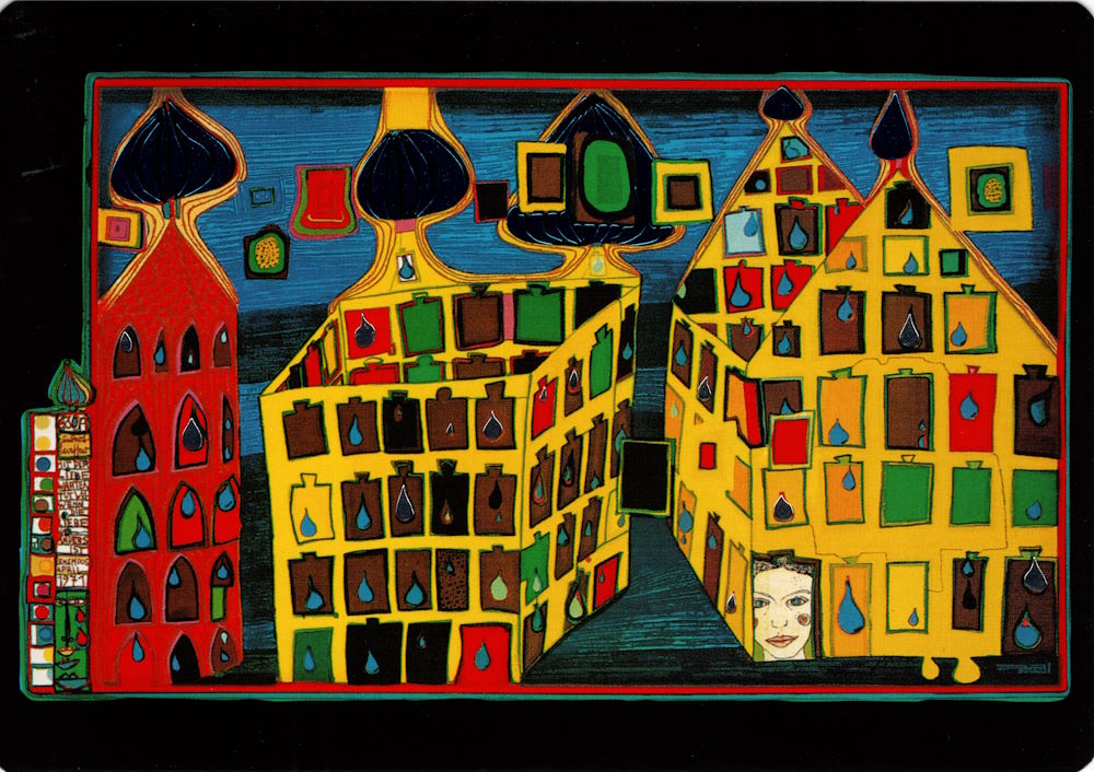 Kunstkarte Hundertwasser "Mit der Liebe warten tut weh, wenn die Liebe woanders ist" Kunstkarte Hundertwasser "Mit der Liebe warten tut weh, wenn die Liebe woanders ist"