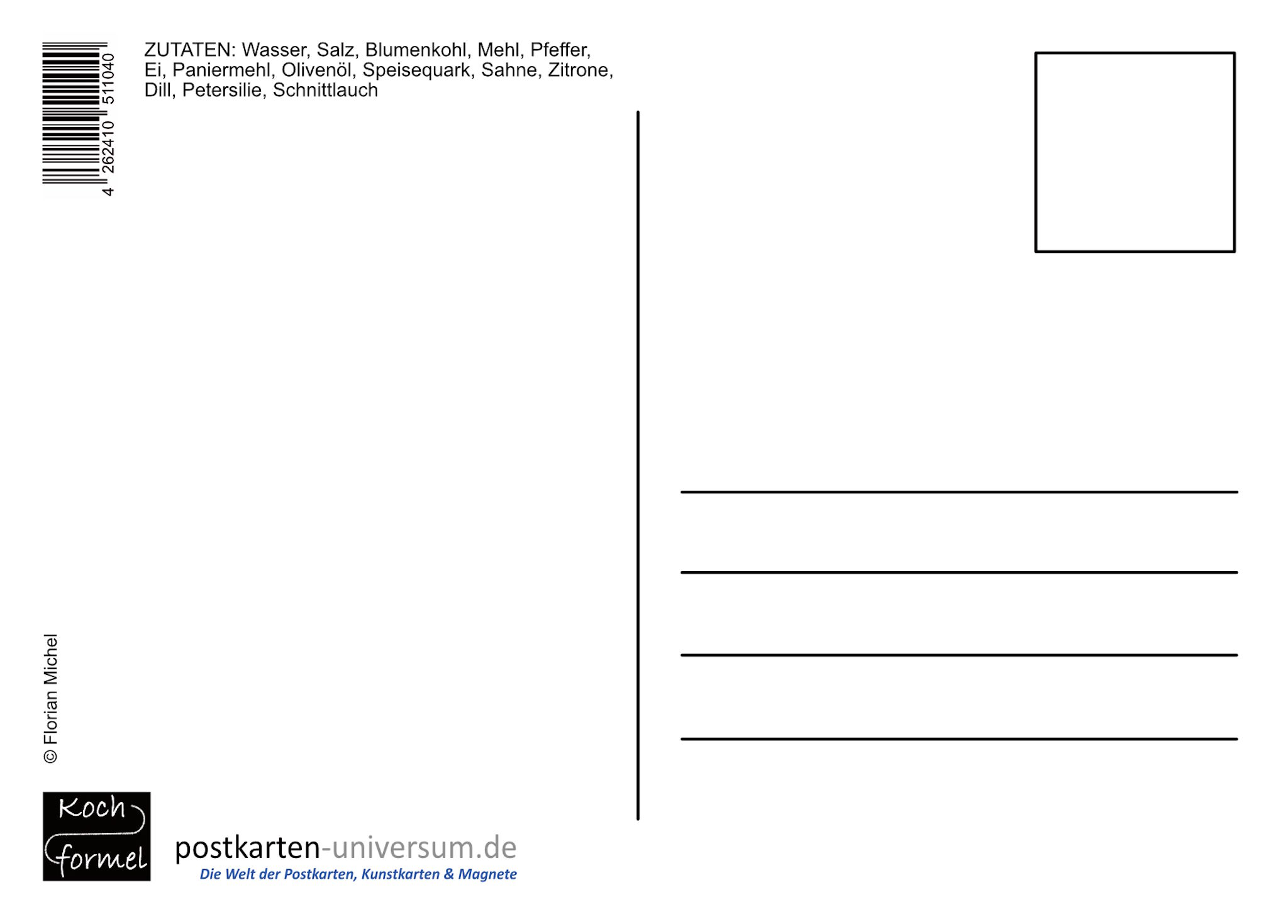 Rezept-Postkarte "Vegetarische Gerichte: Blumenkohlschnitzel mit Dip"