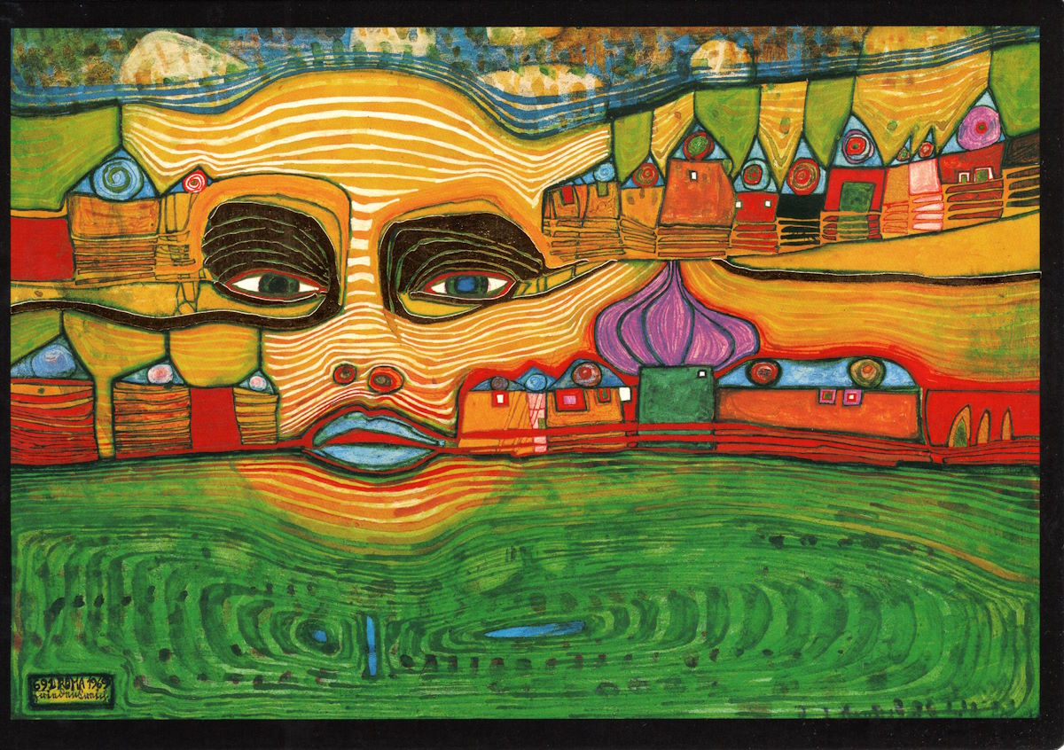 Kunstkarte Hundertwasser "Irinaland über dem Balkan" Kunstkarte Hundertwasser "Irinaland über dem Balkan"