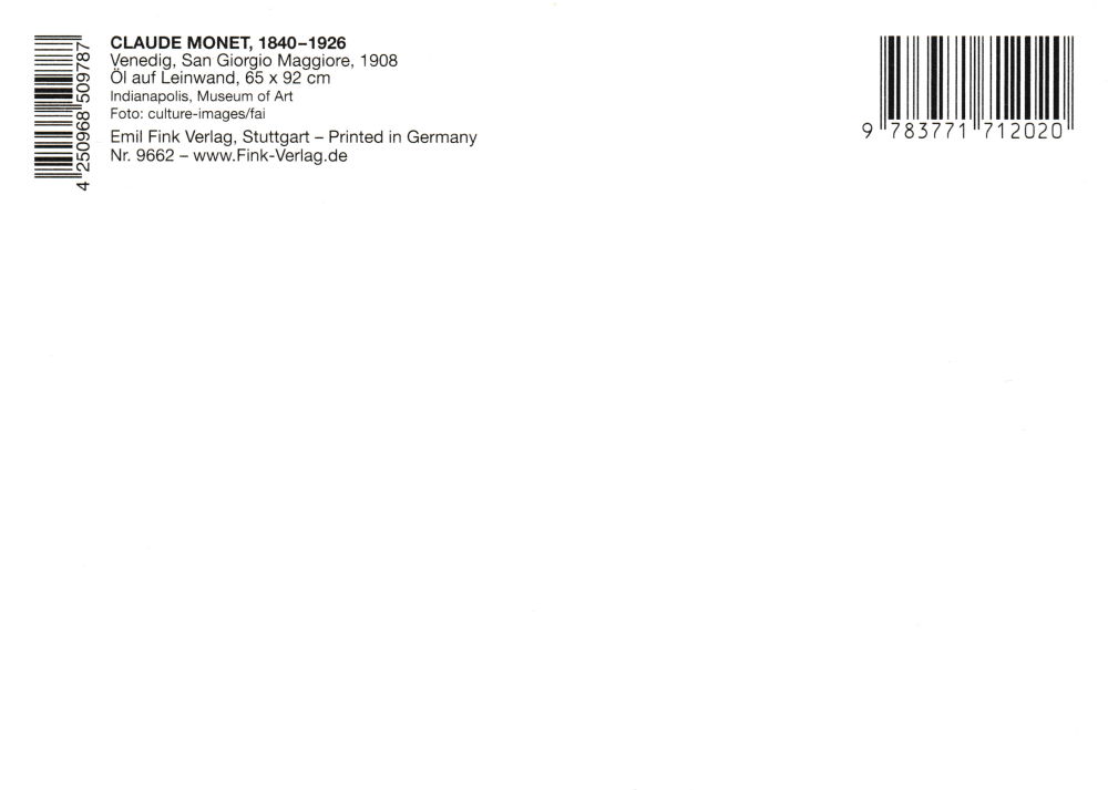 Kunstkarte Claude Monet "Venedig, San Giorgio Maggiore" (Rückseite)