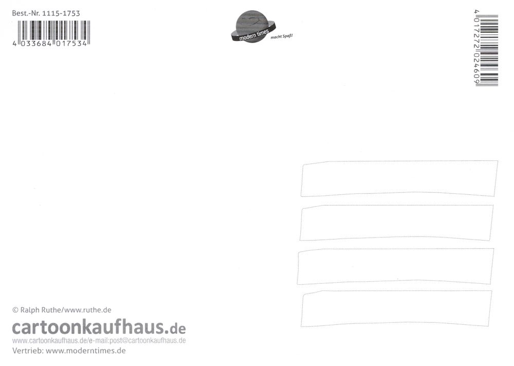 Postkarte Ralph Ruthe "Ich hab das Gefühl, der Hund guckt uns zu!" (Rückseite)