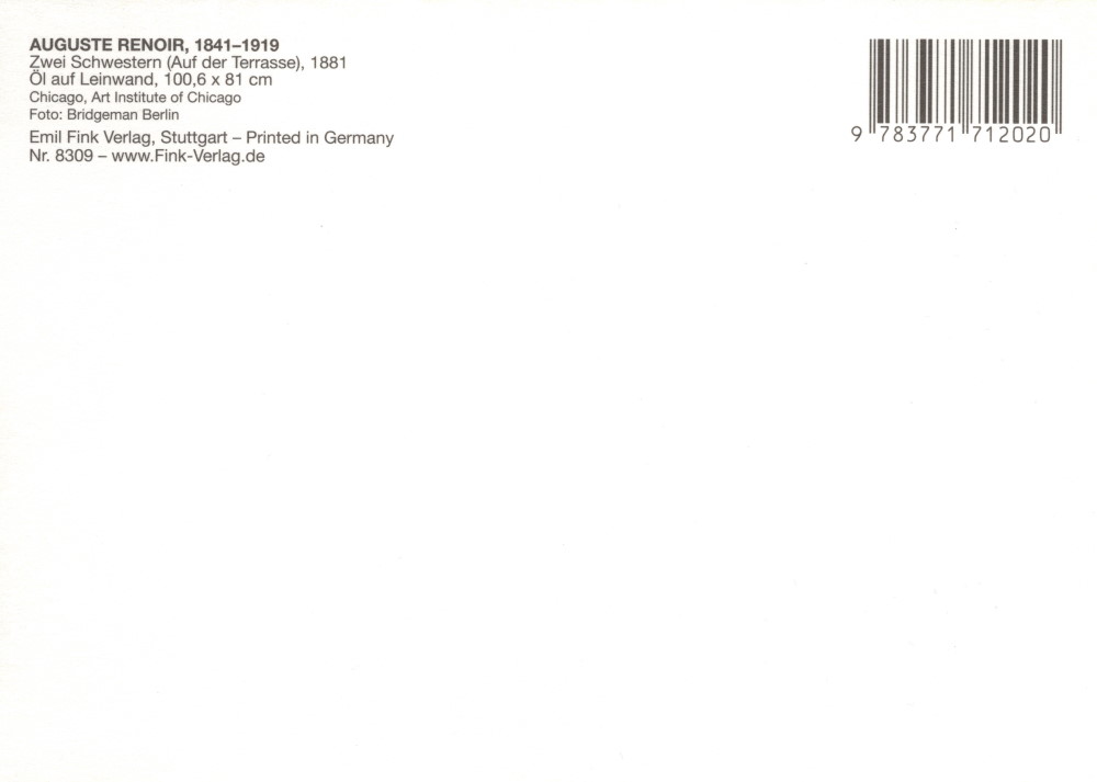 Kunstkarte Pierre Auguste Renoir "Zwei Schwestern (Auf der Terrasse)" (Rückseite)