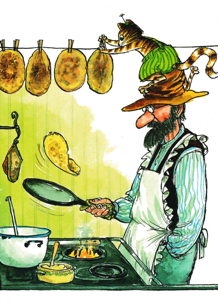 Postkarte "Pettersson und Findus: Pfannkuchenbacken" Postkarte "Pettersson und Findus: Pfannkuchenbacken"