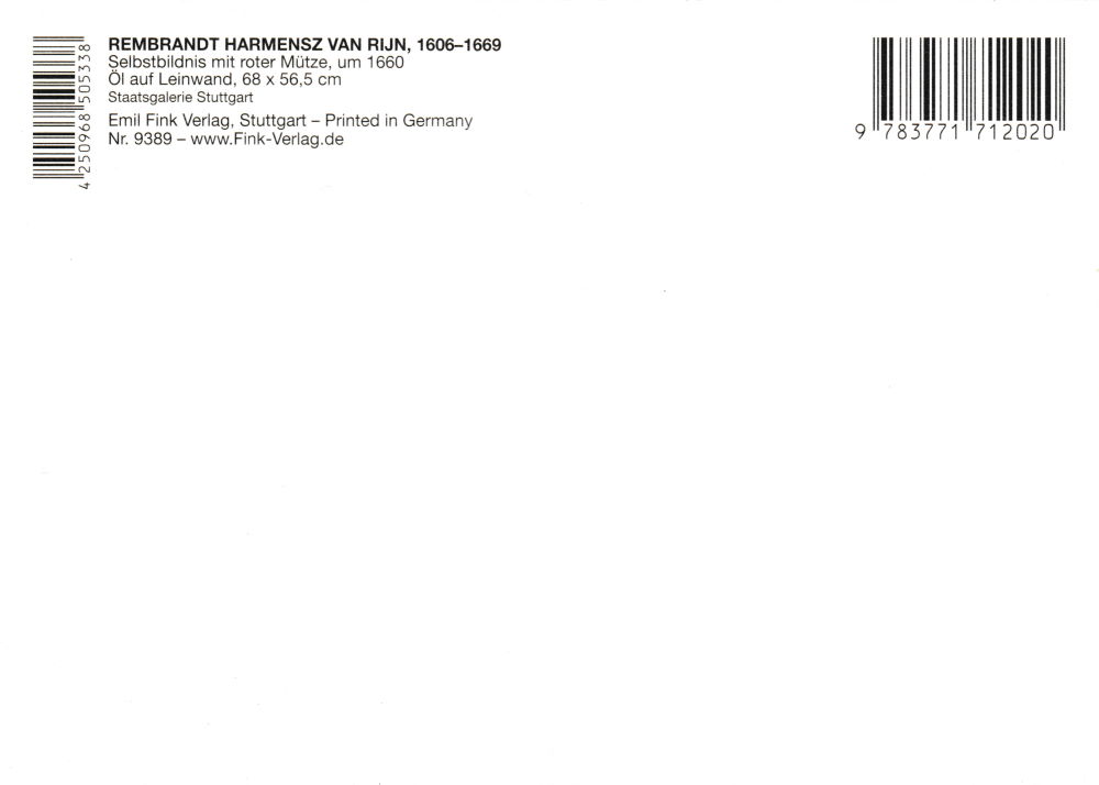 Kunstkarte Rembrandt "Selbstbildnis mit roter Mütze" (Rückseite)