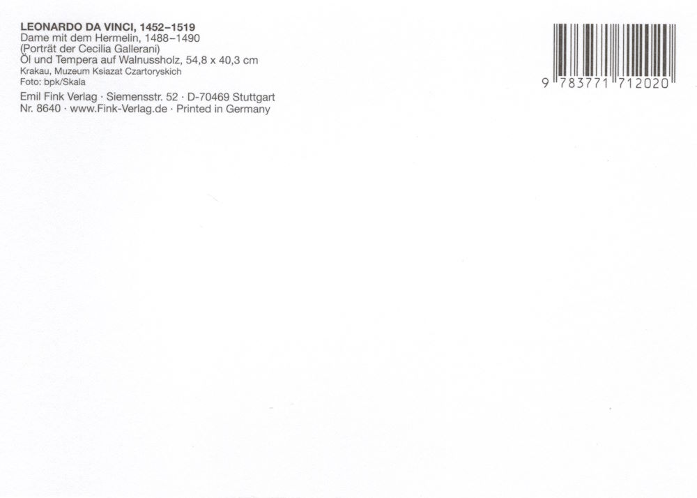 Kunstkarte Leonardo da Vinci "Dame mit dem Hermelin" (Rückseite)