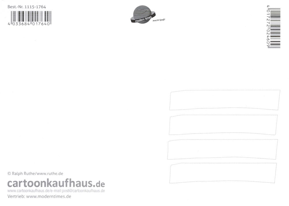 Postkarte Ralph Ruthe "Rein... Raus... Was denn nu?" (Rückseite)