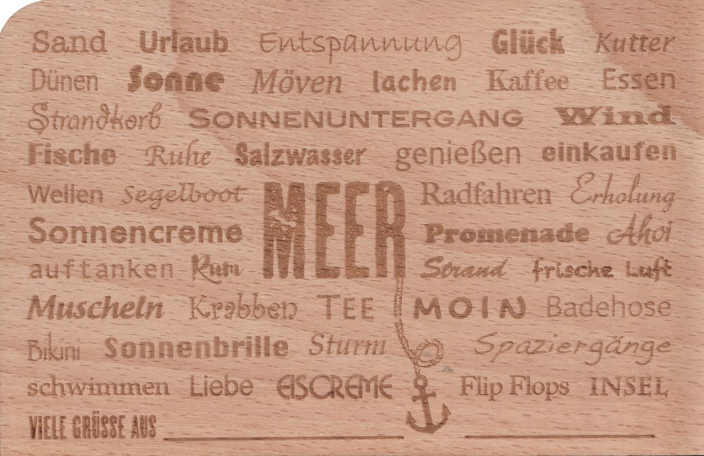 Holzpostkarte "Sand . Urlaub . Entspannung ... Meer"