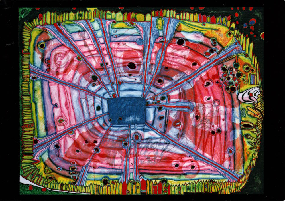 Kunstkarte Hundertwasser "Blutregen tropft in japanisches Wasser, das in einem österreichischen Garten liegt" Kunstkarte Hundertwasser "Blutregen tropft in japanisches Wasser, das in einem österreichischen Garten liegt"