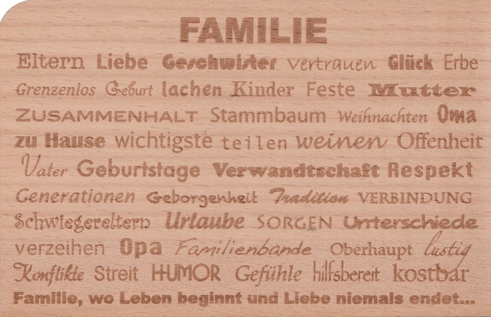 Holzpostkarte "Familie ... Eltern . Liebe . Geschwister . Vertrauen"