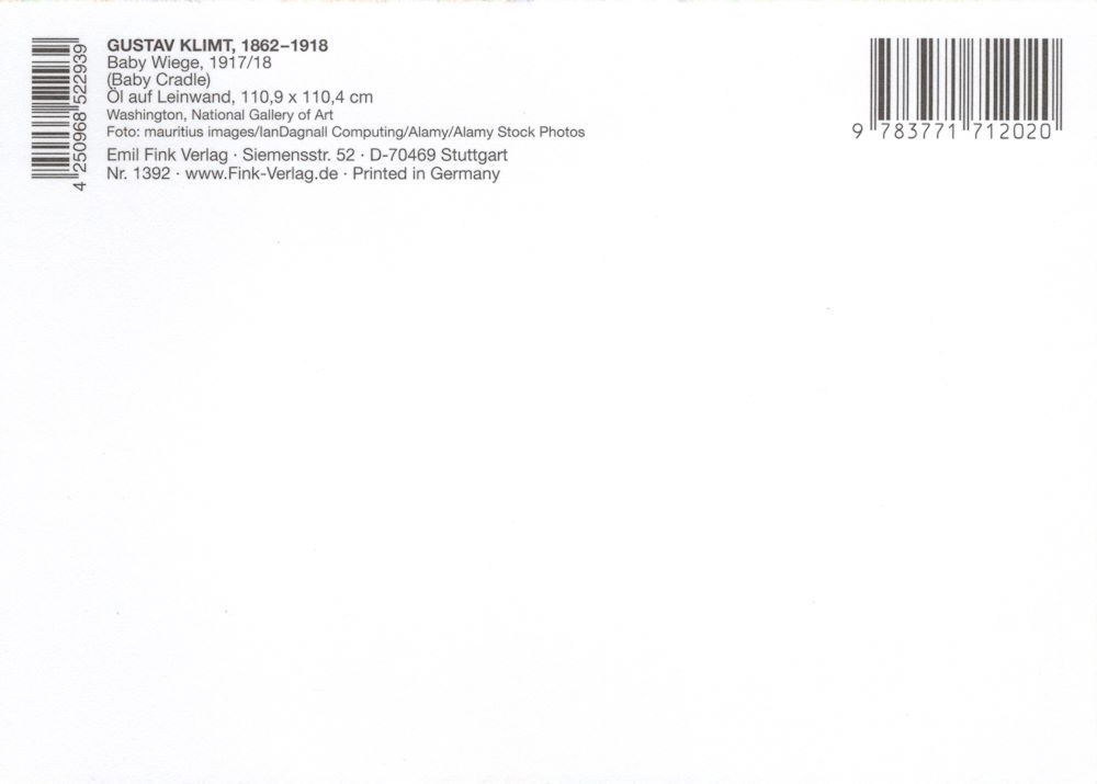 Kunstkarte Gustav Klimt "Baby Wiege" (Rückseite)