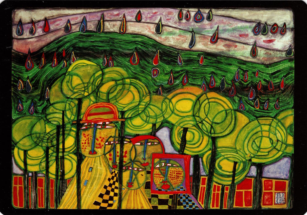 Kunstkarte Hundertwasser "The rain falls far from us falls the rain"