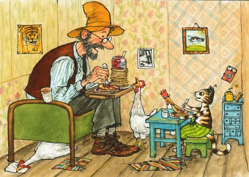 Postkarte "Pettersson und Findus: Pettersson und Findus essen Pfannkuchen"
