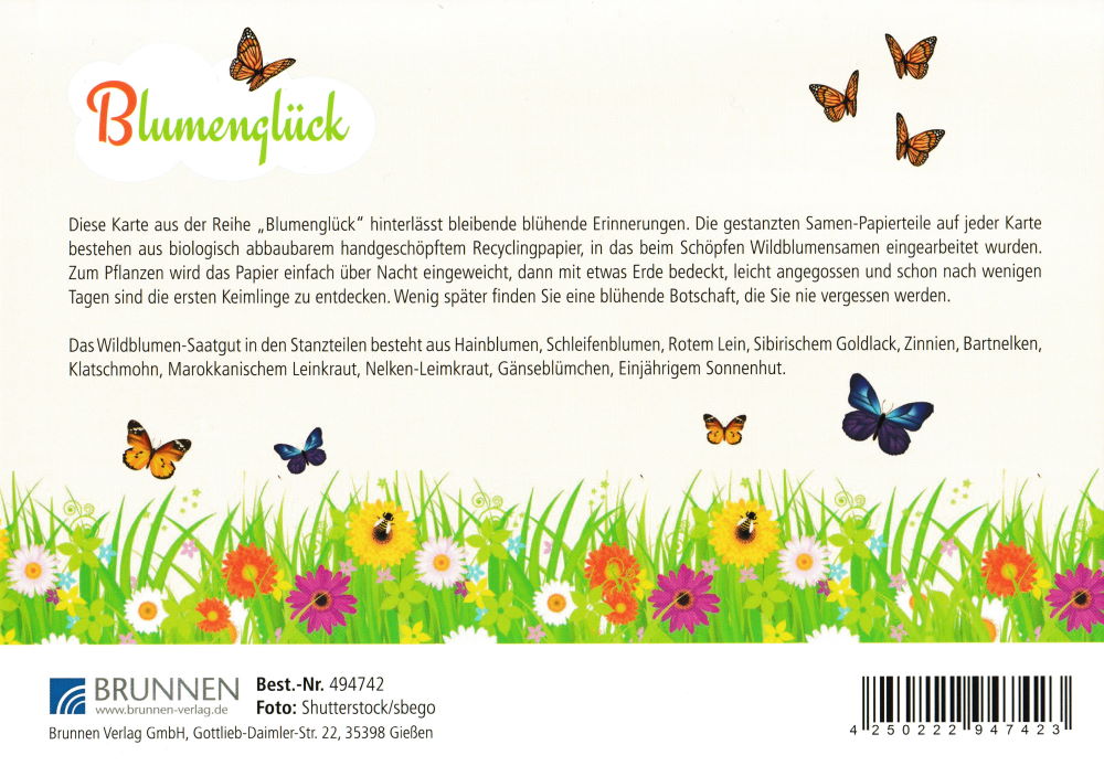 Grußkarte mit Blumensamen "Kein Weg ist zu weit mit einem Freund an der Seite." (Rückseite)