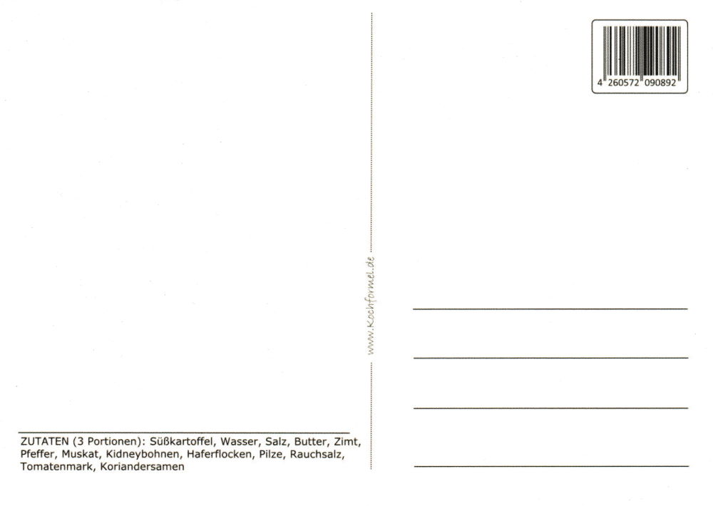 Rezept-Postkarte "Vegetarische Gerichte: Bratling mit Süßkartoffeln" (Rückseite)