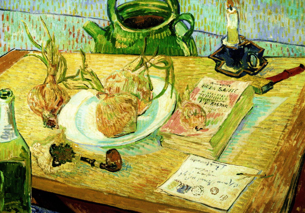 Kunstkarte Vincent van Gogh "Stillleben mit Zeichenbrett, Pfeife, Zwiebeln ..."