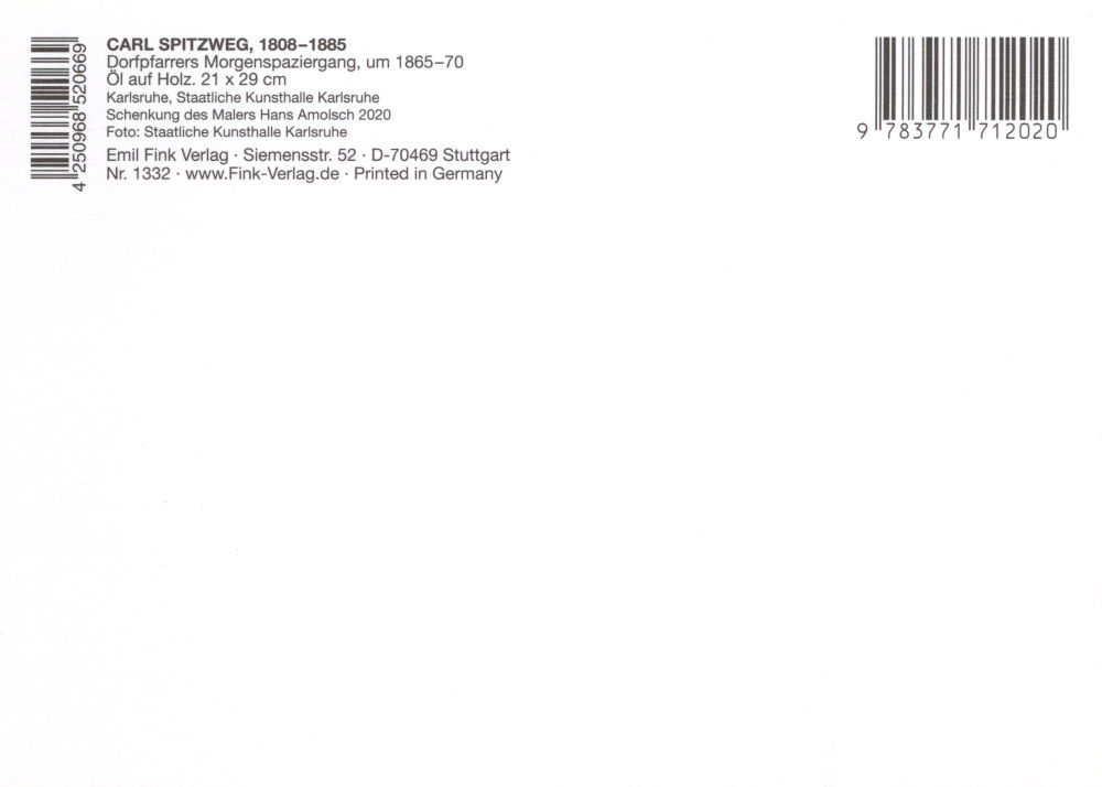Kunstkarte Carl Spitzweg "Dorfpfarrers Morgenspaziergang" (Rückseite)