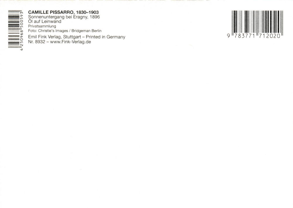 Kunstkarte Camille Pissarro "Sonnenuntergang bei Eragny" (Rückseite)