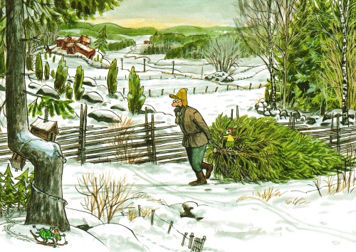 Postkarte "Pettersson und Findus: Christbaum holen mit Findus"