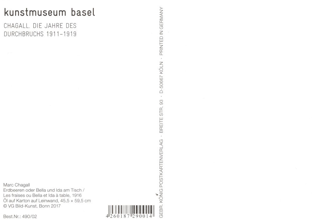 Kunstkarte Marc Chagall "Erdbeeren oder Bella und Ida am Tisch" (Rückseite)