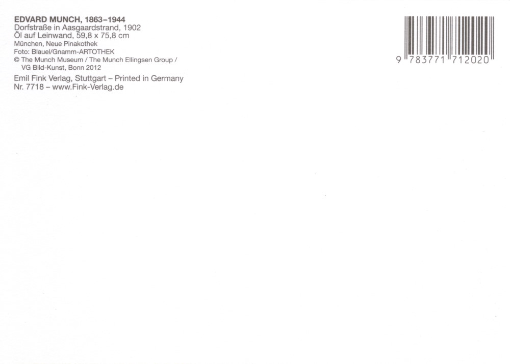 Kunstkarte Edvard Munch "Dorfstraße in Aasgaardstrand" (Rückseite)
