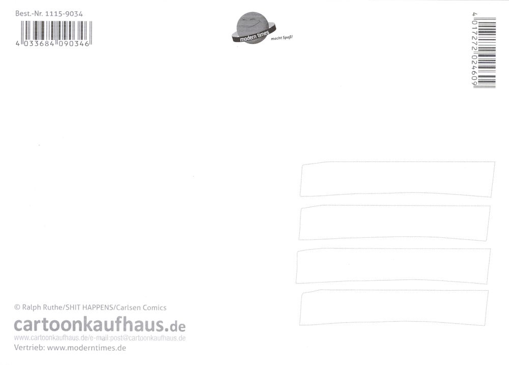 Postkarte Ralph Ruthe "Zweite Kasse aufmachen!" (Rückseite)