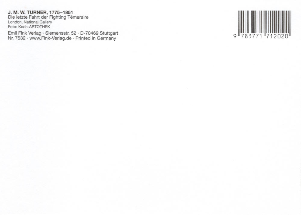 Kunstkarte William Turner "Die letzte Fahrt der Fighting Témeraire" (Rückseite)