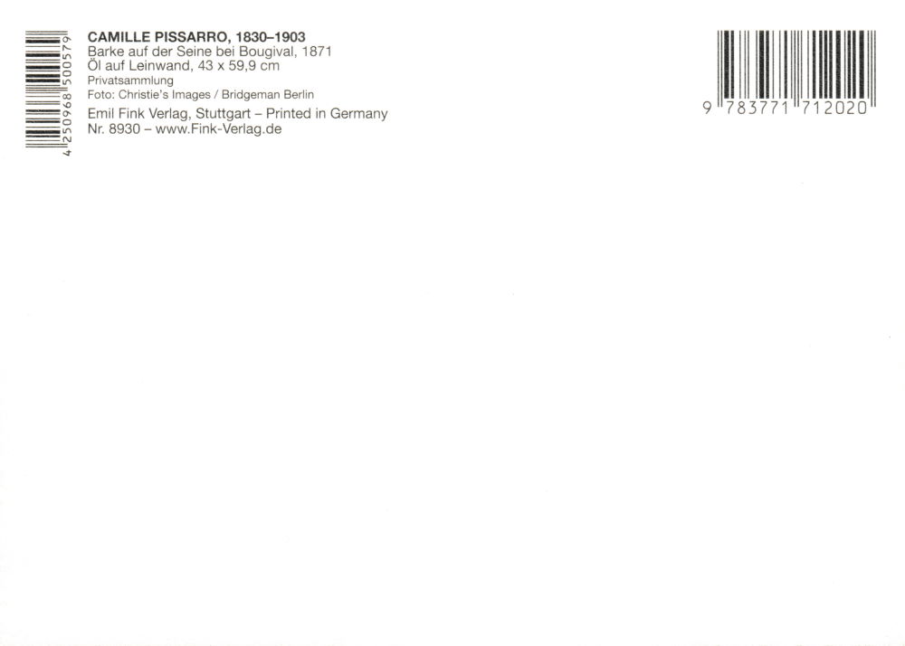 Kunstkarte Camille Pissarro "Barke auf der Seine bei Bougival" (Rückseite)