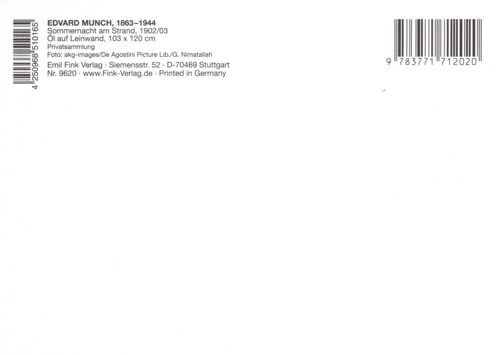 Kunstkarte Edvard Munch "Sommernacht am Strand" (Rückseite)