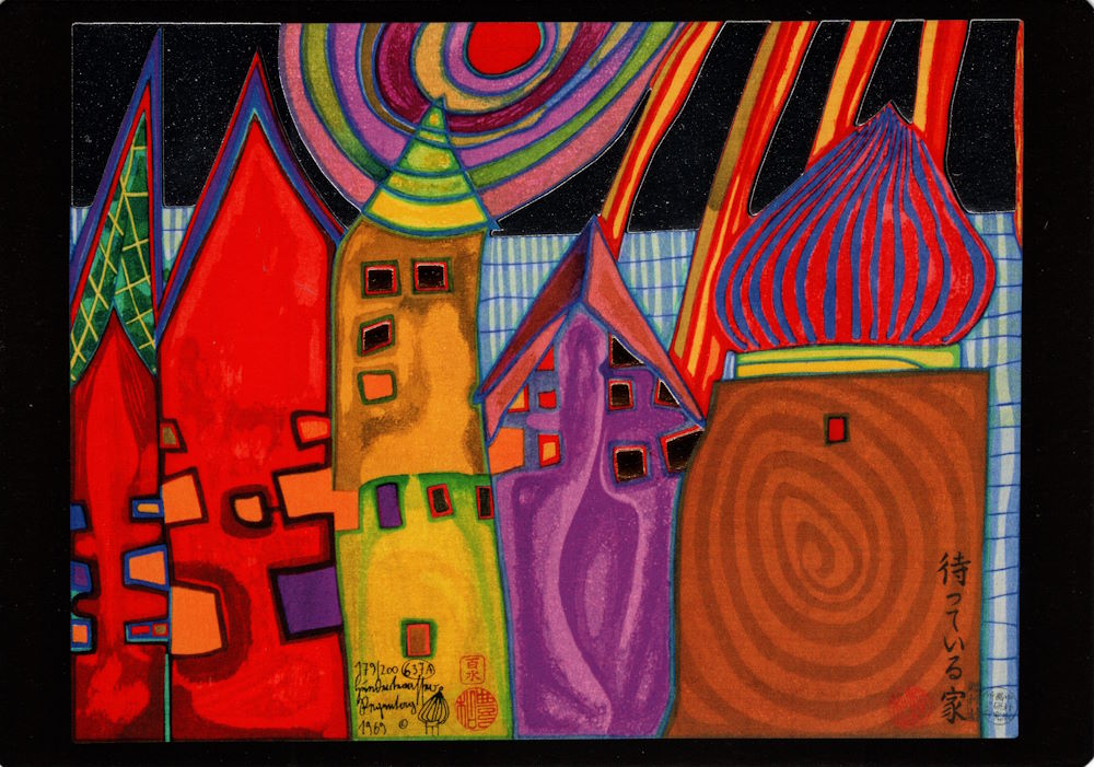 Kunstkarte Hundertwasser "Wartende Häuser" Kunstkarte Hundertwasser "Wartende Häuser"
