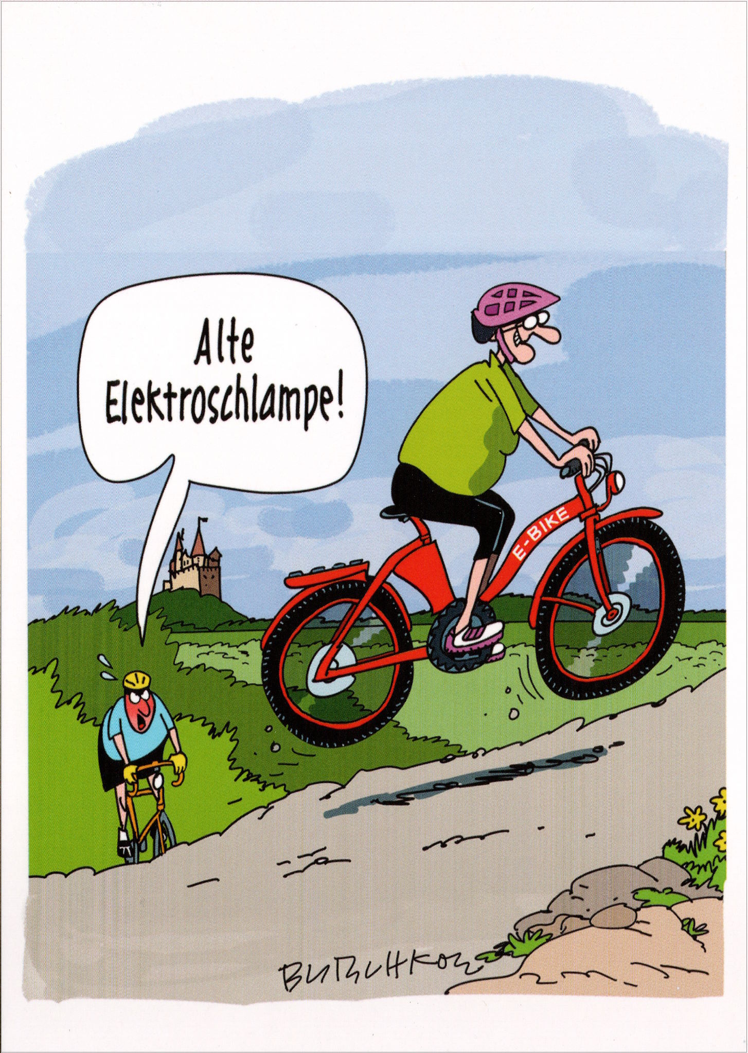 Postkarte Peter Butschkow "Alte Elektroschlampe!"