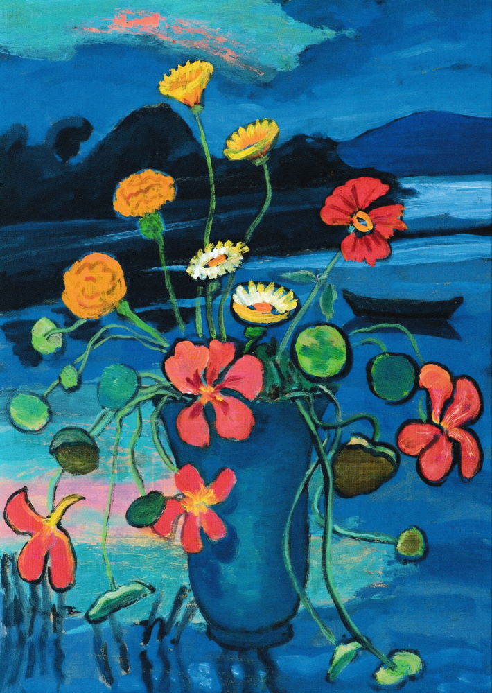 Kunstkarte Gabriele Münter "Blumenstillleben vor Landschaft"