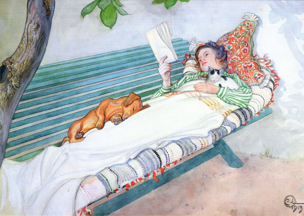 Kunstkarte Carl Larsson "Lesende Frau auf einer Gartenbank liegend"