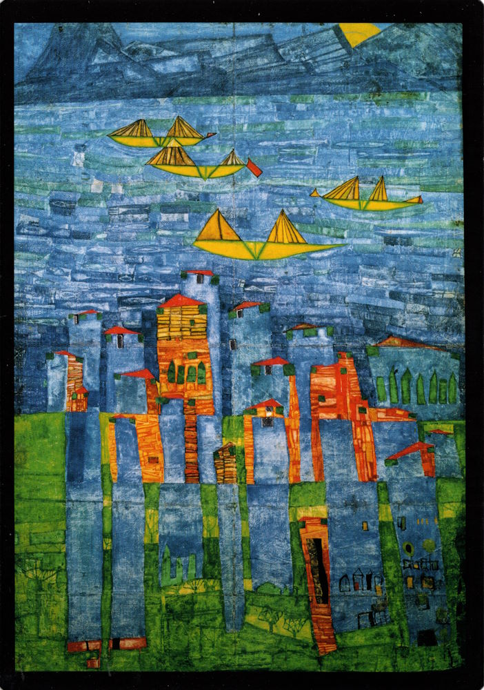 Kunstkarte Hundertwasser "Gelbe Schiffe - Das Meer von Tunis und Taormina"
