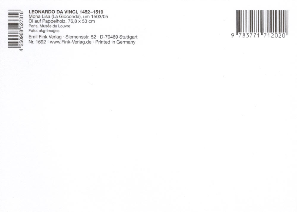 Kunstkarte Leonardo da Vinci "Mona Lisa (La Gioconda)" (Rückseite)