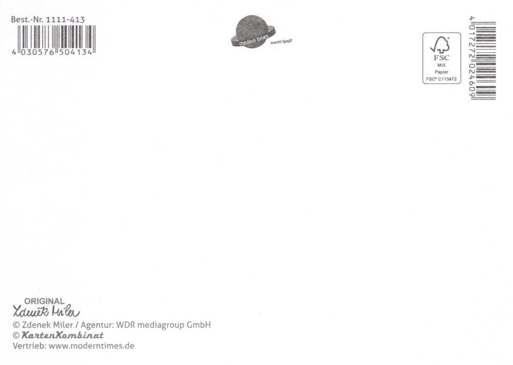 Postkarte "Der kleine Maulwurf auf Maulwurfshügel mit Hasenfamilie" (Rückseite)