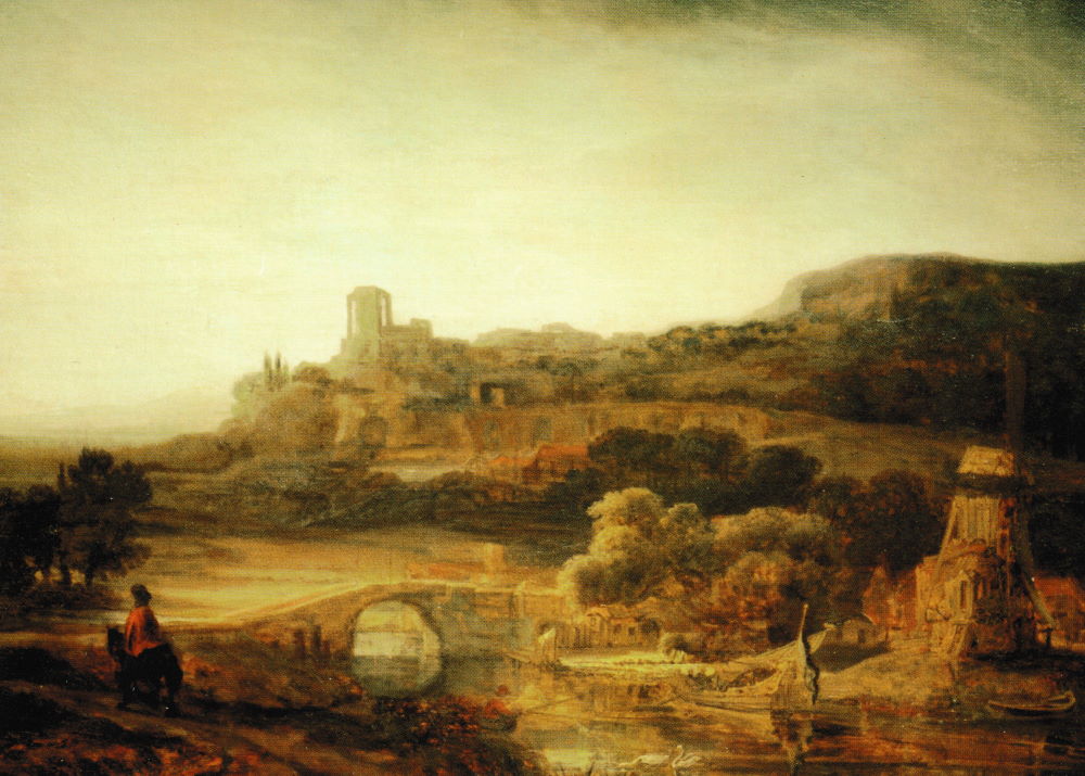 Kunstkarte Rembrandt van Rijn "Flusslandschaft mit Windmühle"