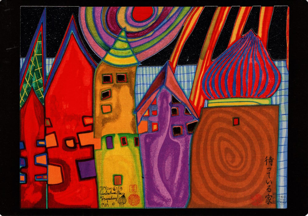 Kunstkarte Hundertwasser "Wartende Häuser"