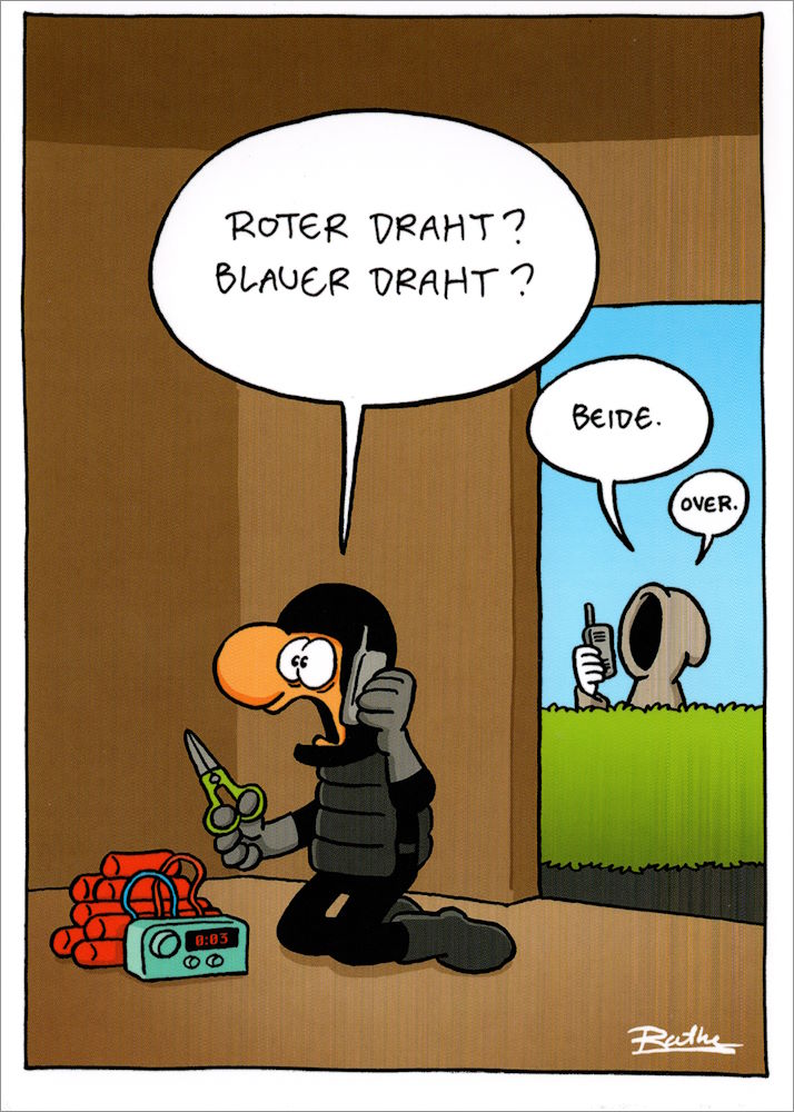 Postkarte Ralph Ruthe "Roter Draht? Blauer Draht?" Postkarte Ralph Ruthe "Roter Draht? Blauer Draht?"