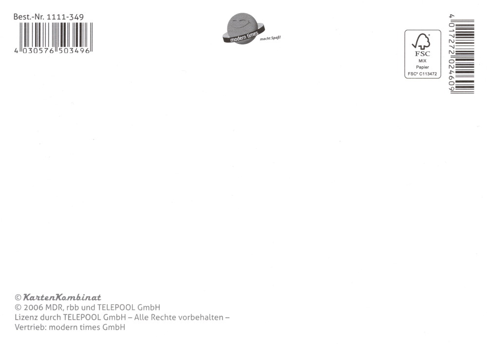 Postkarte "Unser Sandmännchen: Pittiplatsch und Schnatterinchen mit Blumen" (Rückseite)