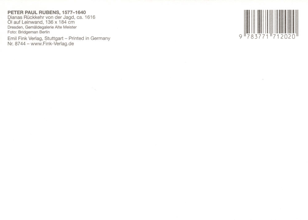 Kunstkarte Peter Paul Rubens "Dianas Rückkehr von der Jagd" (Rückseite)