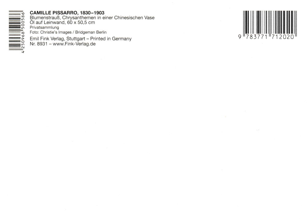 Kunstkarte Camille Pissarro "Blumenstrauß, Chrysanthemen" (Rückseite)