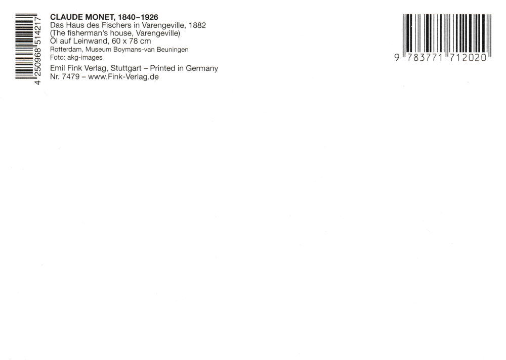Kunstkarte Claude Monet "Das Haus des Fischers in Varengeville" (Rückseite)