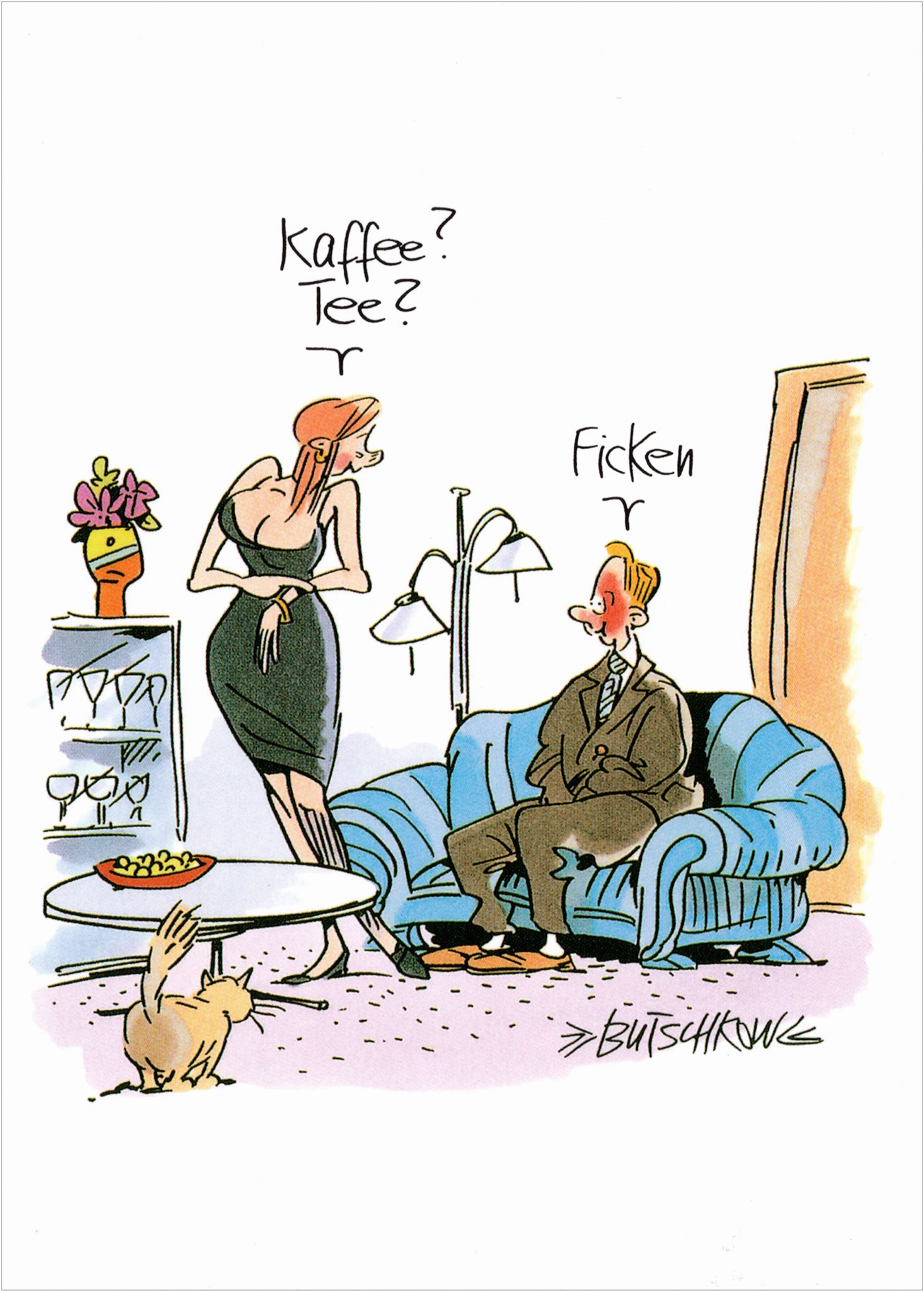 Postkarte Peter Butschkow "Kaffee? Tee?"